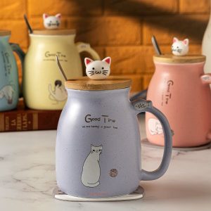 Taza Set Gatito Con Tapa Y Cuchara De Cerámica Colores