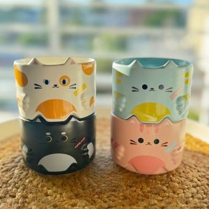 Set Tazas Encastrables Cerámica Divertidas Caras Gato 4 Uds.
