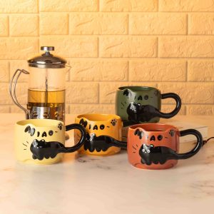 Set De Tazas Cerámica Encastrables Gato Relieve Miao 4 Uds.